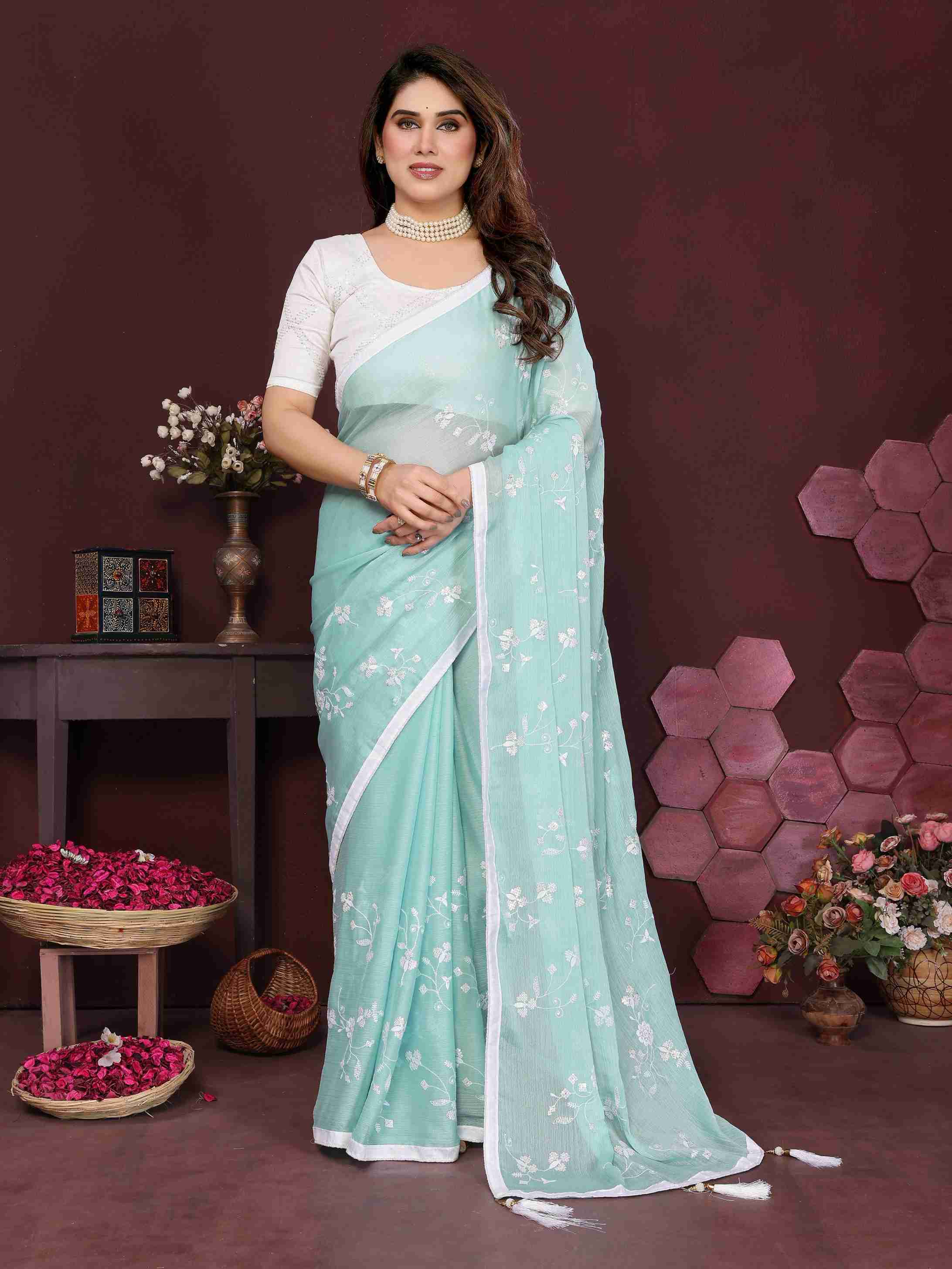 MOSS CHIFFON SILK HEAVY EMBROIDERY WORK SAREE