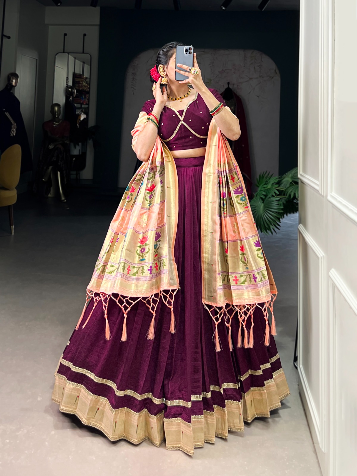 Vichitra Silk Plain with Paithni lace border Lehenga Choli