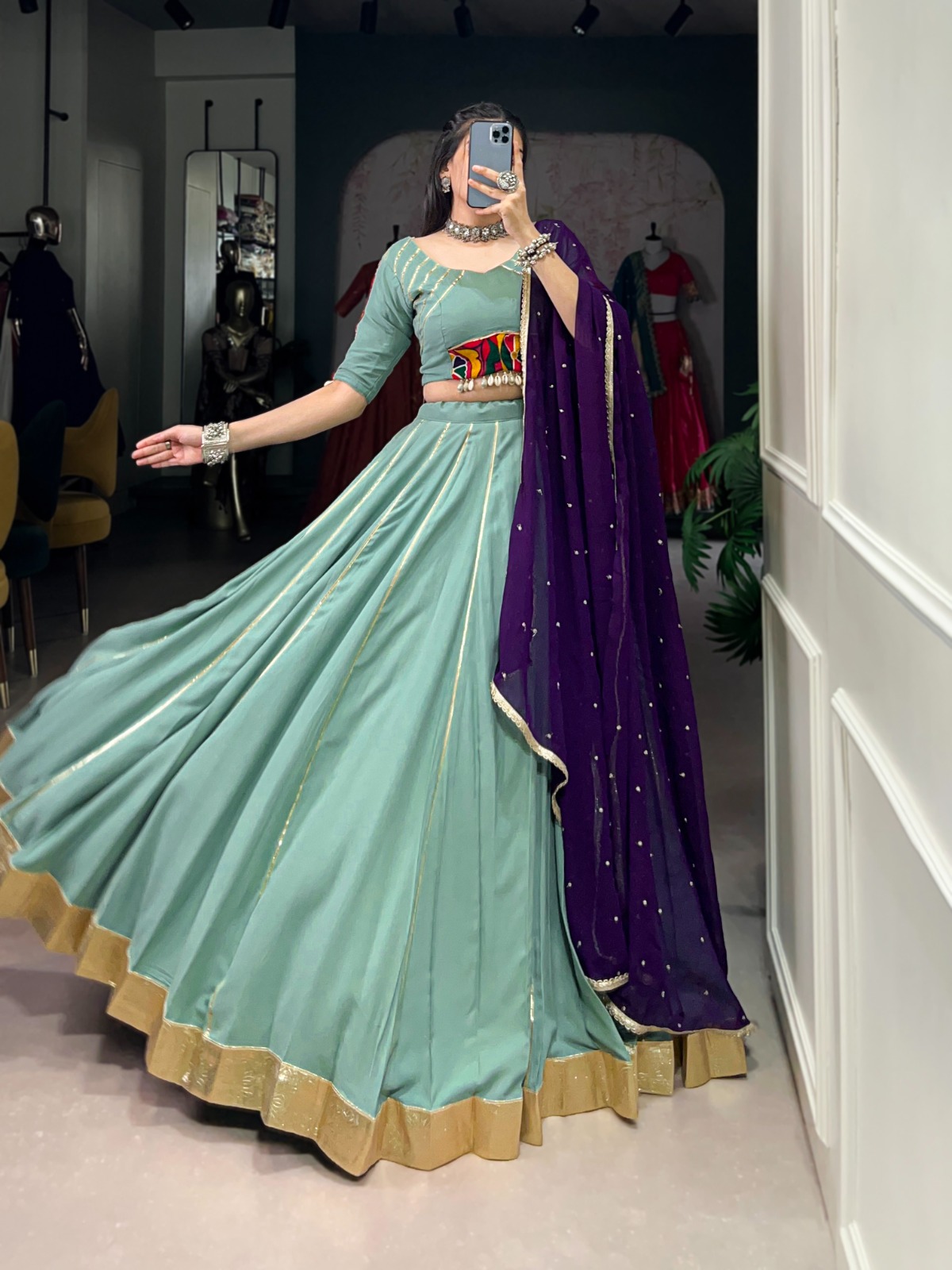 Pure Rayon Embossed Design With Gotta Patti Lace Touch Up Lehenga Choli