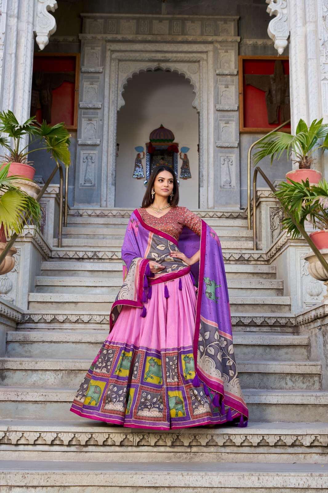 Tussar Silk Kalamkari With Foil Work  Lehenga Work