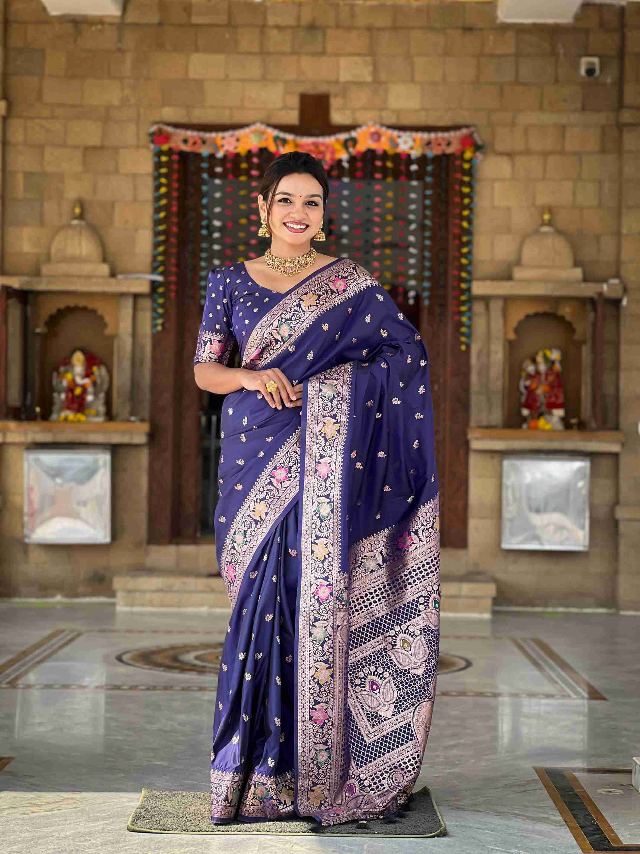 A Banarasi silk saree is weaved with Premium soft Silk fabric.