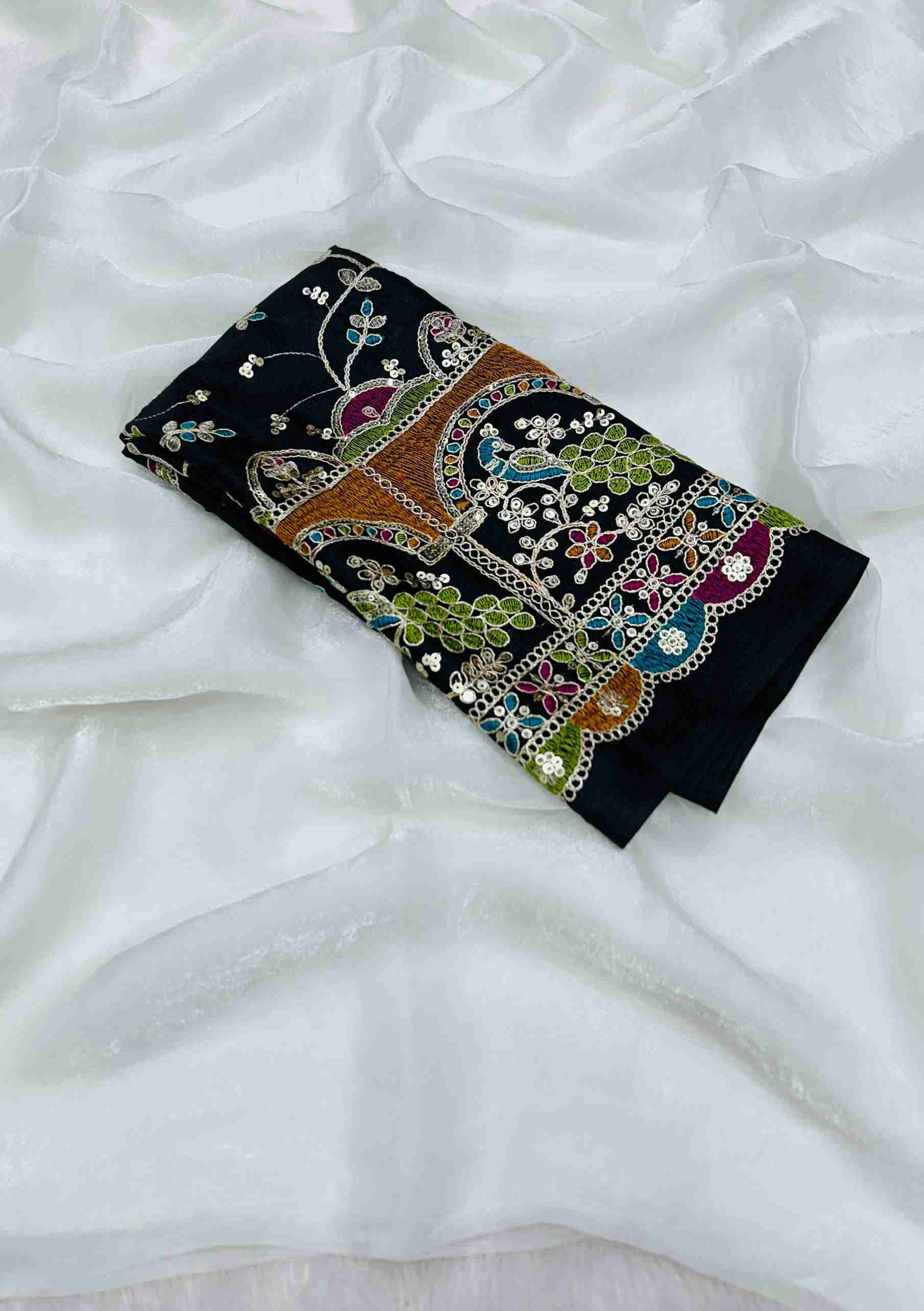 Space Fendy Sattin Saree With Running Sequence Embroidery Work