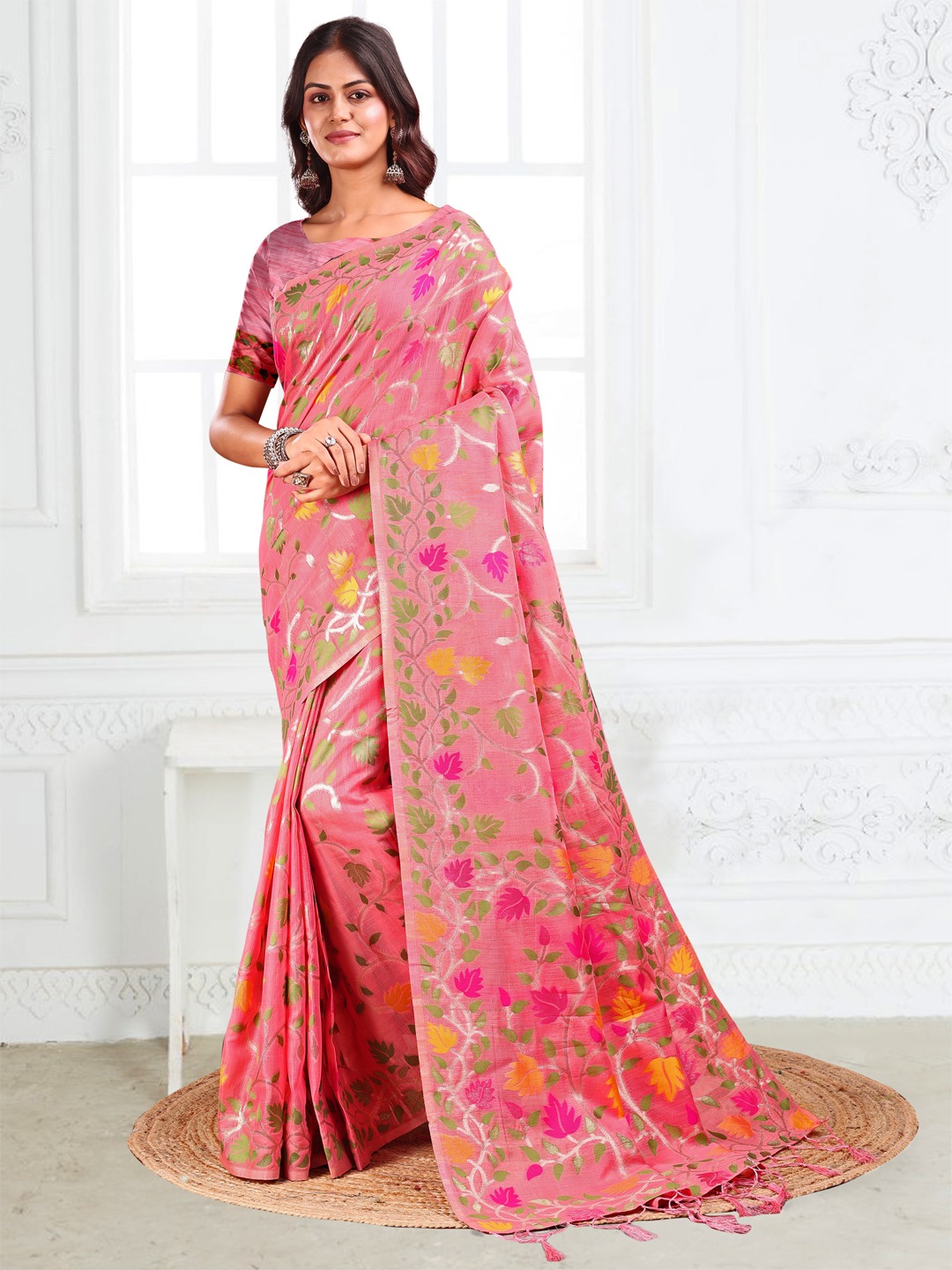 Linen Cotton Beautiful Printed Fancy Work Saree