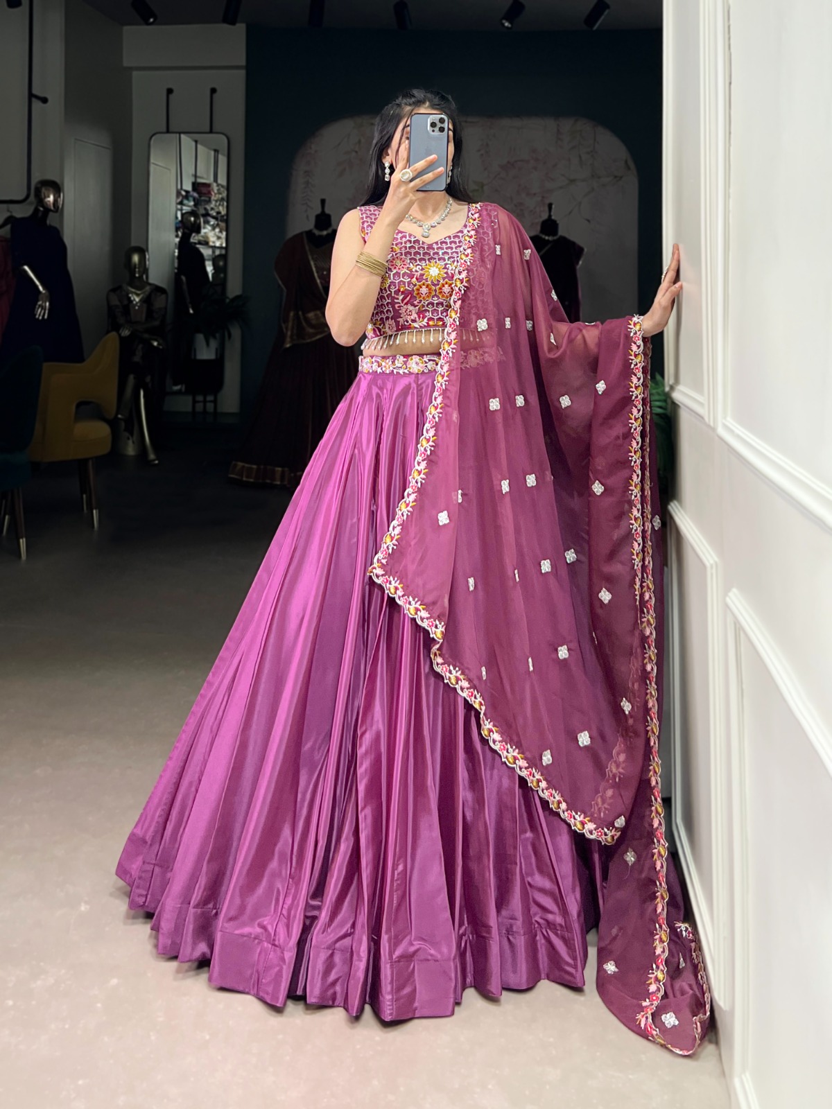 Silk Crepe Sequins and Thread Embroidery Work Belt Lehenga Choli