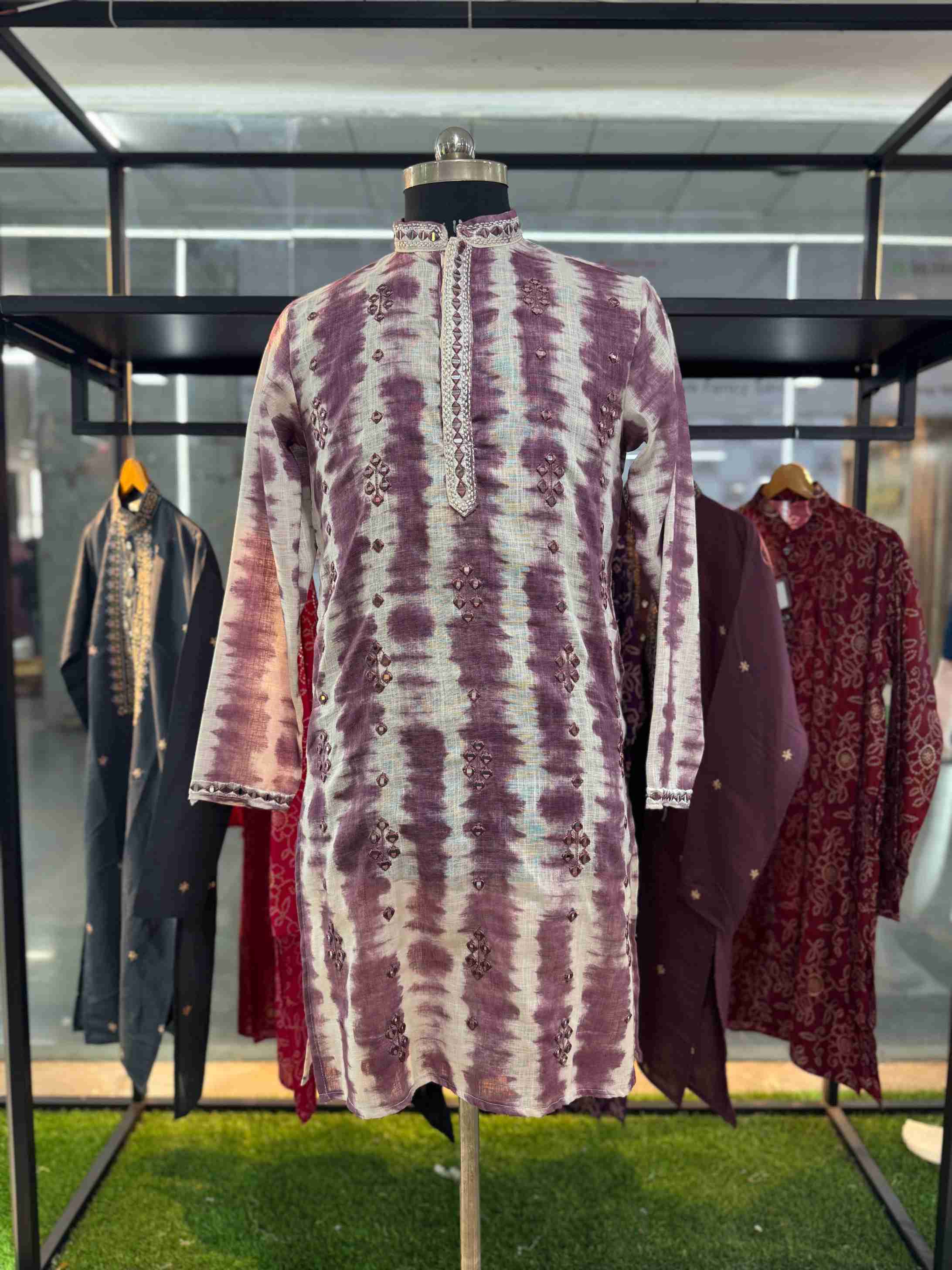 Digital Printed Semi Linen fabric Kurtas And Real Mirror Hand Work