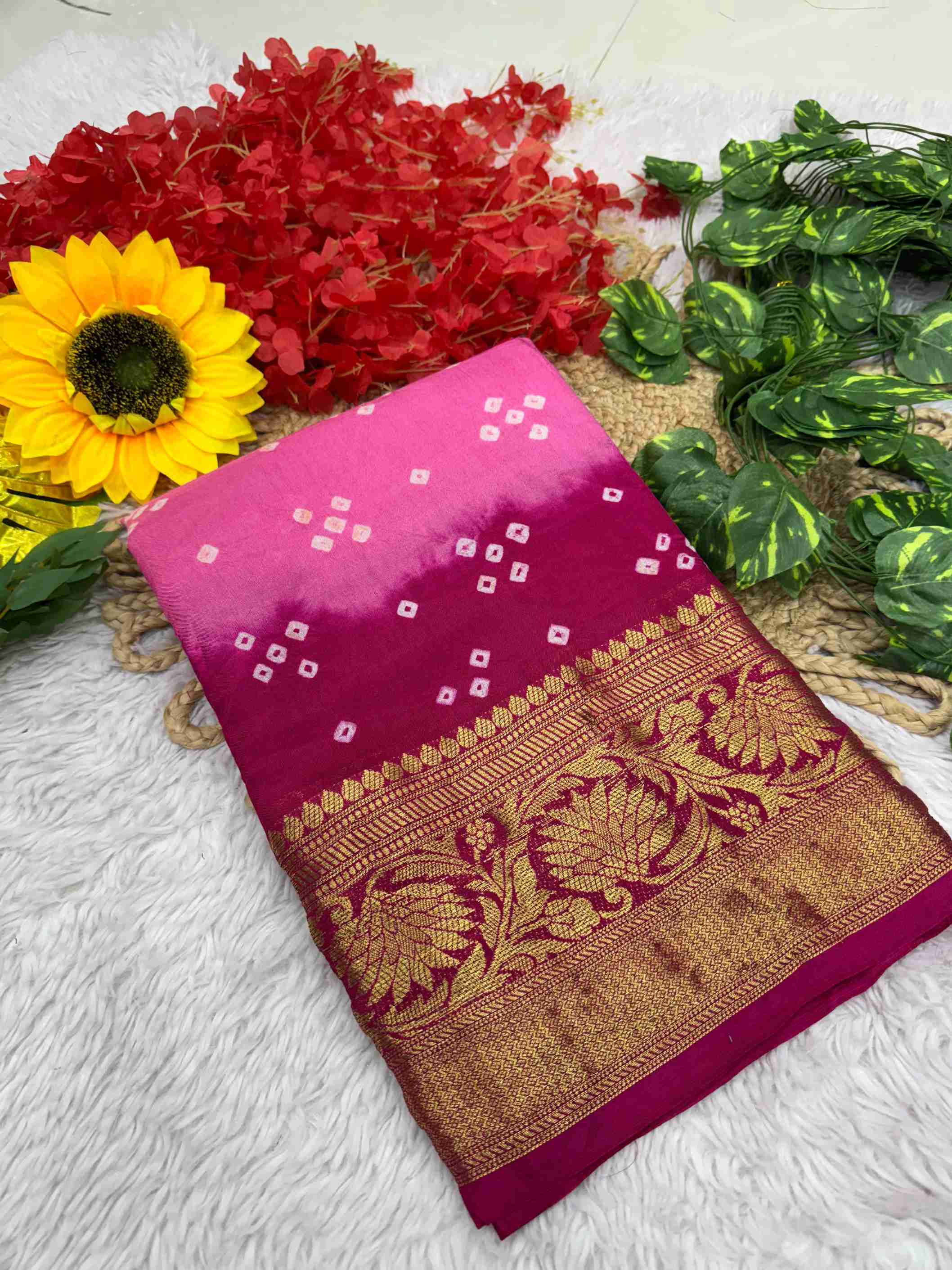 Cotton Silk Weaving Work Bandhani Saree