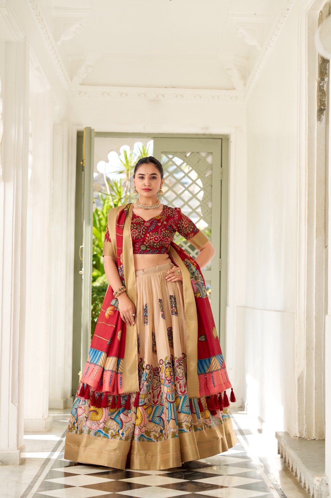 Dola Silk Kalamkari Print With Weaving Border Lehenga Choli