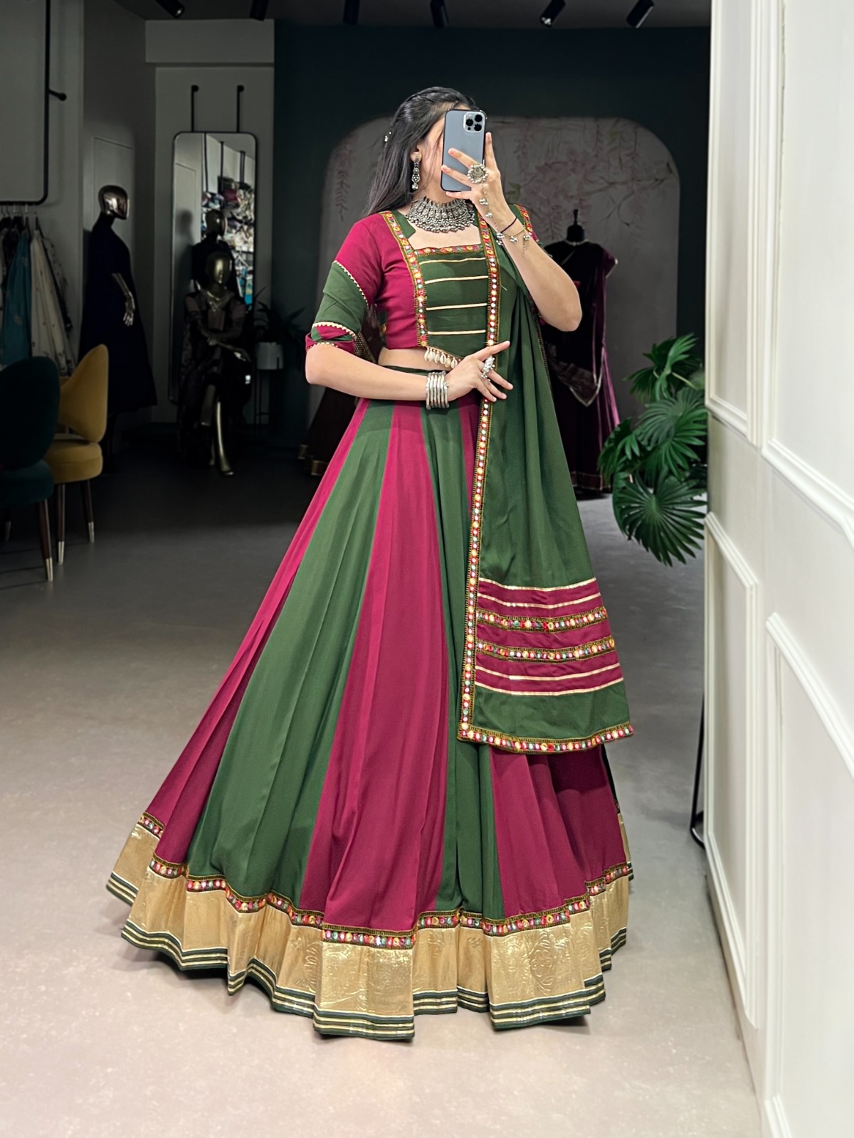 Pure Rayon Embossed Design Lace With Gotta Patti And Peper Mirror Work Lehenga Choli