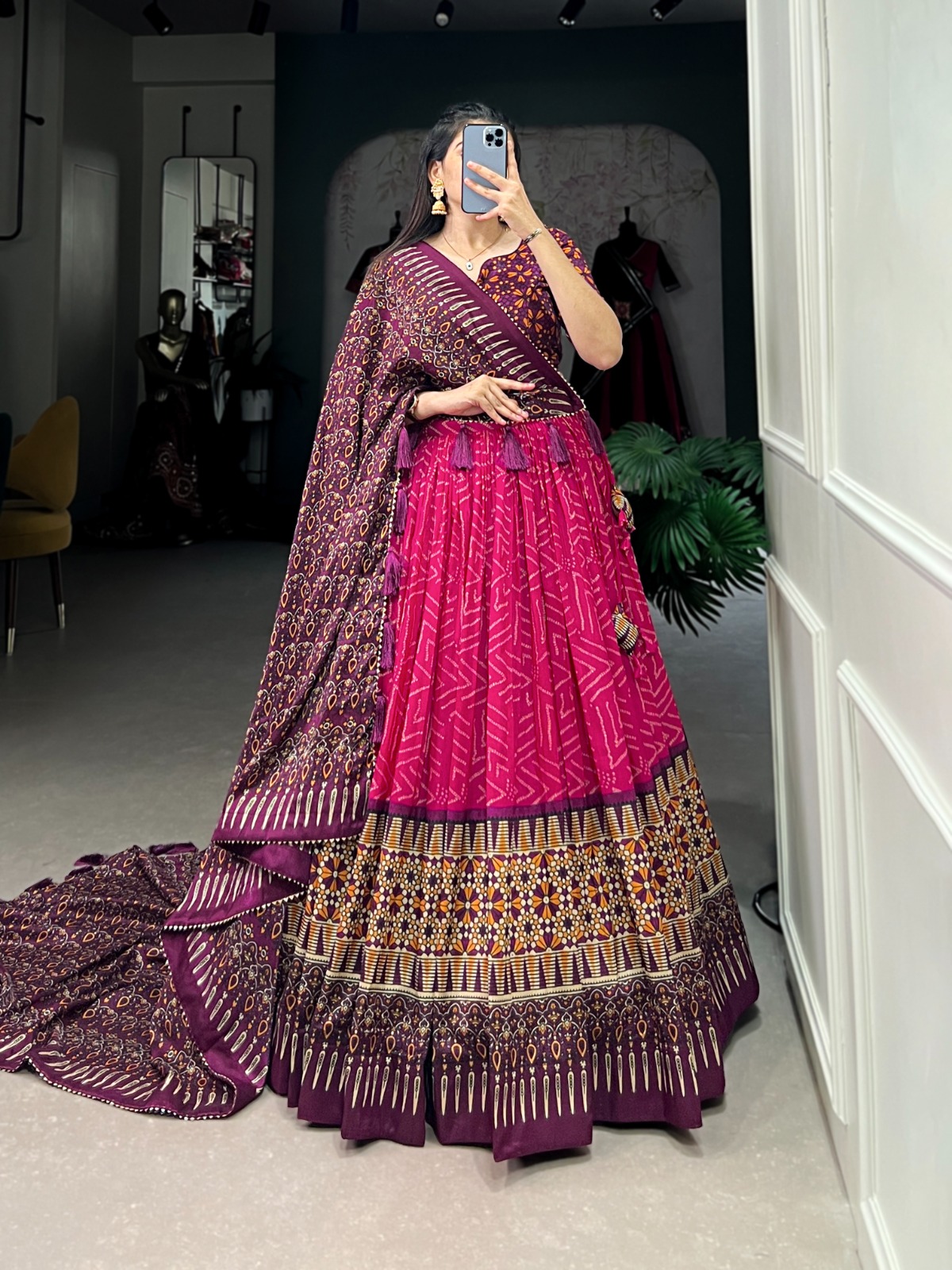 Tasar Silk Bandhej And Ajarakh Print Lehenga Choli