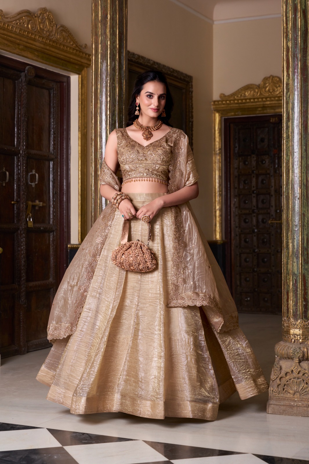 Beautiful Gold Crush Plain Lehenga Choli