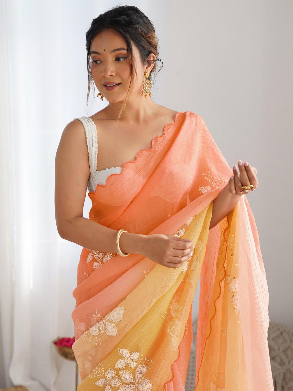 EMBROIDERY  WORK  SAREE WITH ROTO BANGLORI BLOUSE