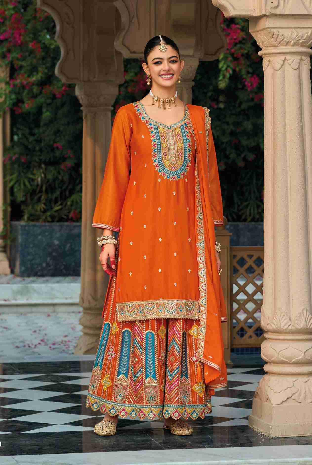 Heavy Chinon with Embroidery Multi &Mat Squence work Suit