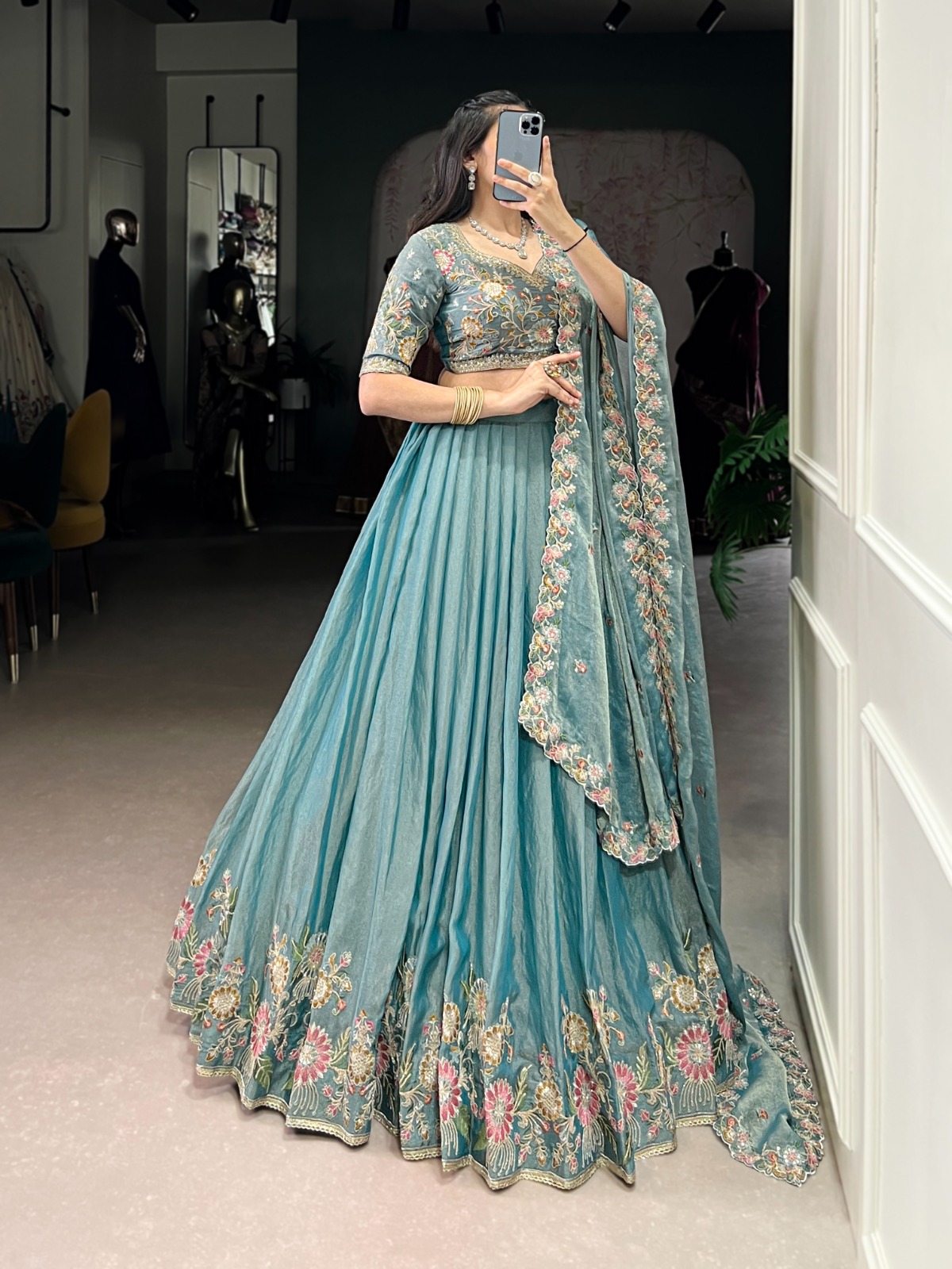 Zari Shimmer Sequins and Thread Embroidery Work Lehenga Choli