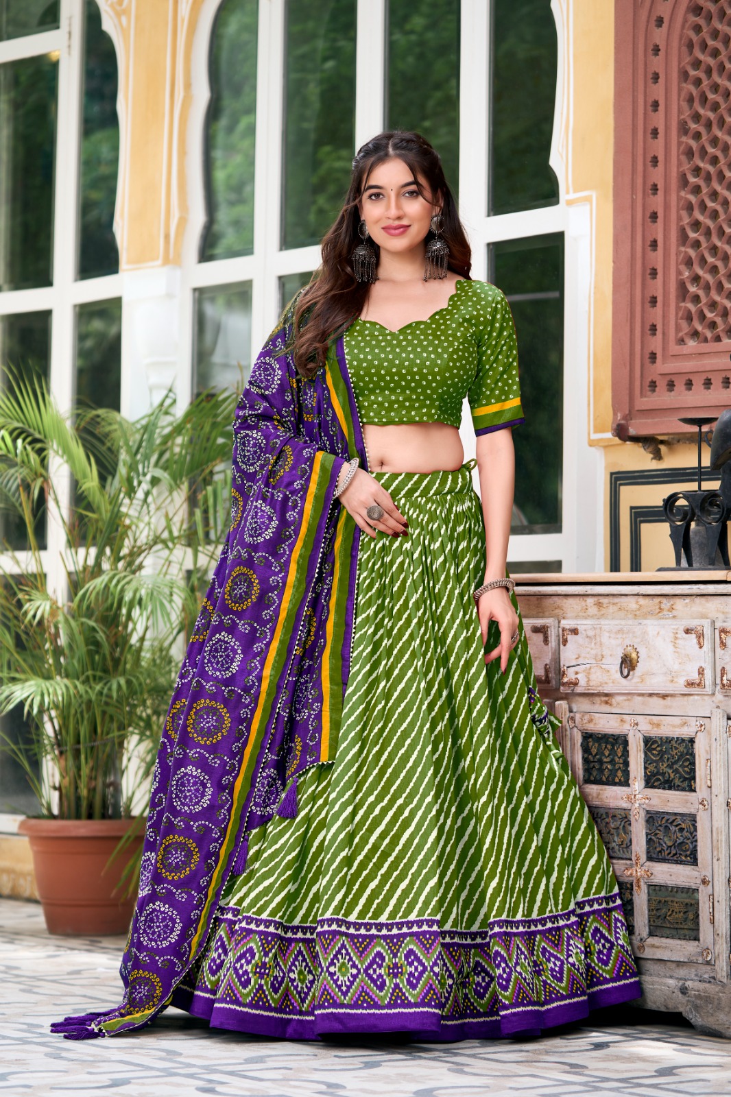 Embrace Cultural Grandeur with Our Elegant Leheriya Print Tussar Silk Lehenga Choli