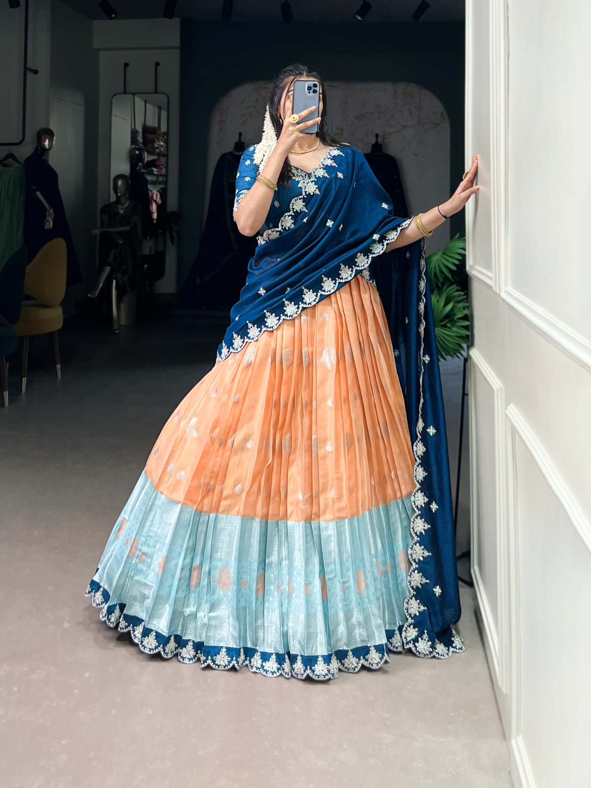 Zari Weaving Work With Sequins and Thread Embroidery Scallop Lace Border Lehenga Choli