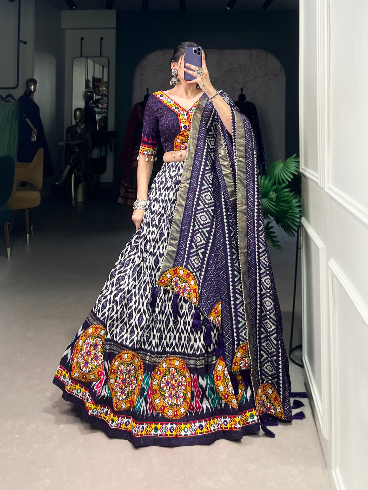 Tusar Silk Ikkat Print With Foil Work And Original Mirror Gamthi Work Lehenga Choli