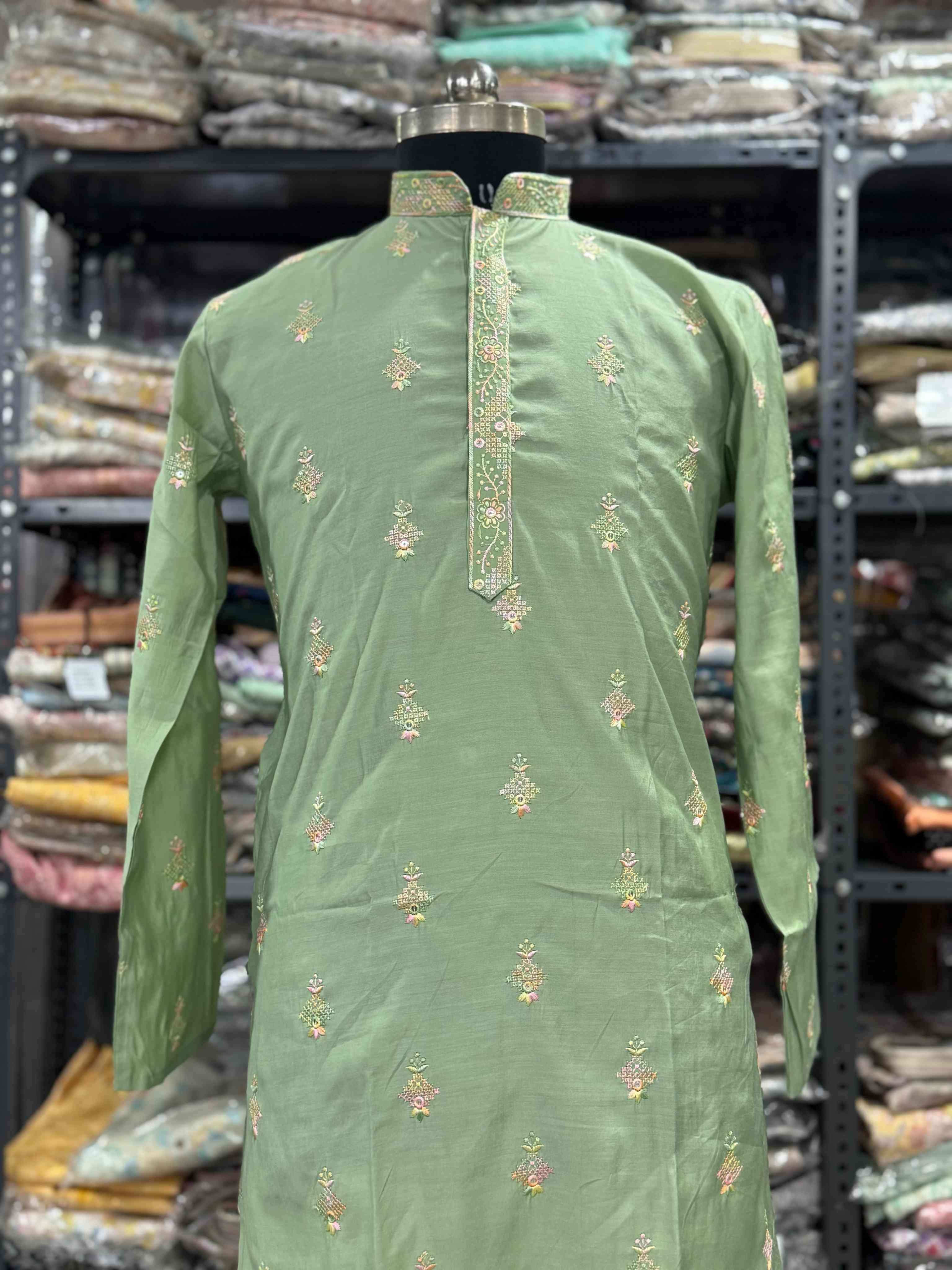 LIGHT COLOR SILK FABRIC WITH EMBROIDERY MULTI THRED AND SEQUENCE WORK KURTA