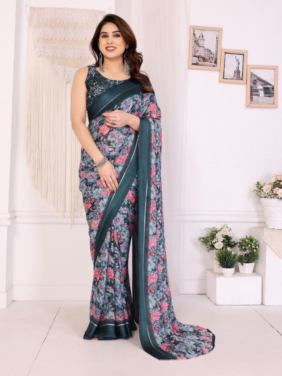 BRIGHT MOSS SATIN PATTA PRINT WORK SAREE