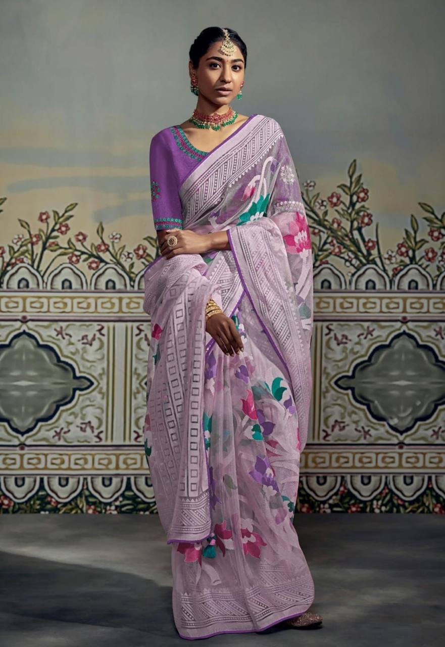 SOFT BRASSO SILK SAREE FANCY HEAVY EMBROIDERY WORK