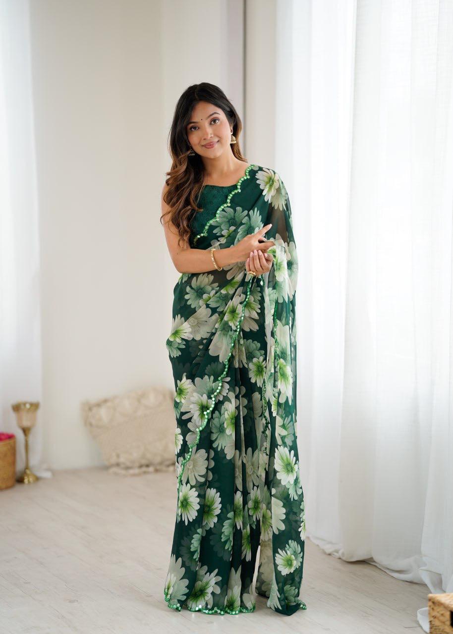 GEORGETTE PRINTED SAREE WITH MIRROR WORK SAREE