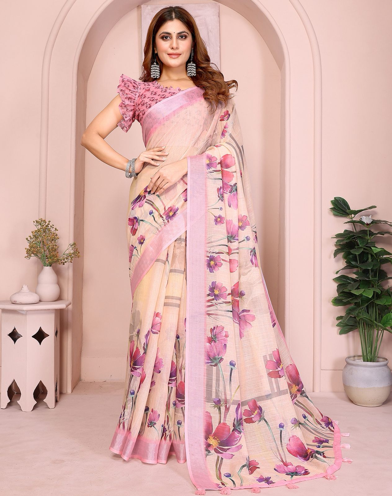 Very Premium And Rich Quality Soft Linen Cotton Digital Print Sarees 