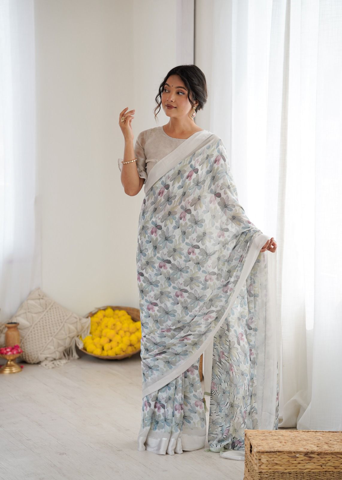 BRIGHT MOSS SATIN PATTA BEAUTIFUL PRINTED SAREE.