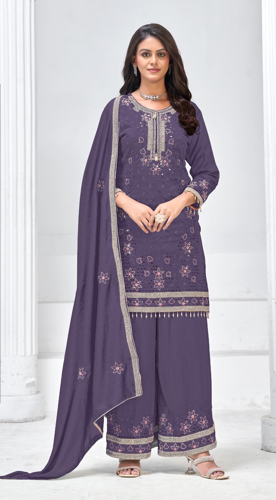 Heavy Vichitra With Embroidery Sequence Cut Work With Fancy Lace Suit