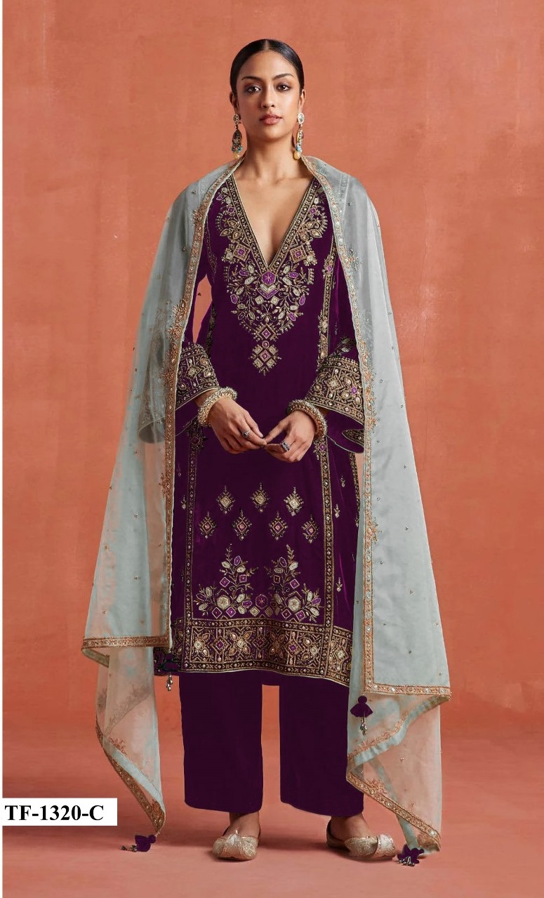 Heavy Velvet with Embroidery Work golden piping Suit