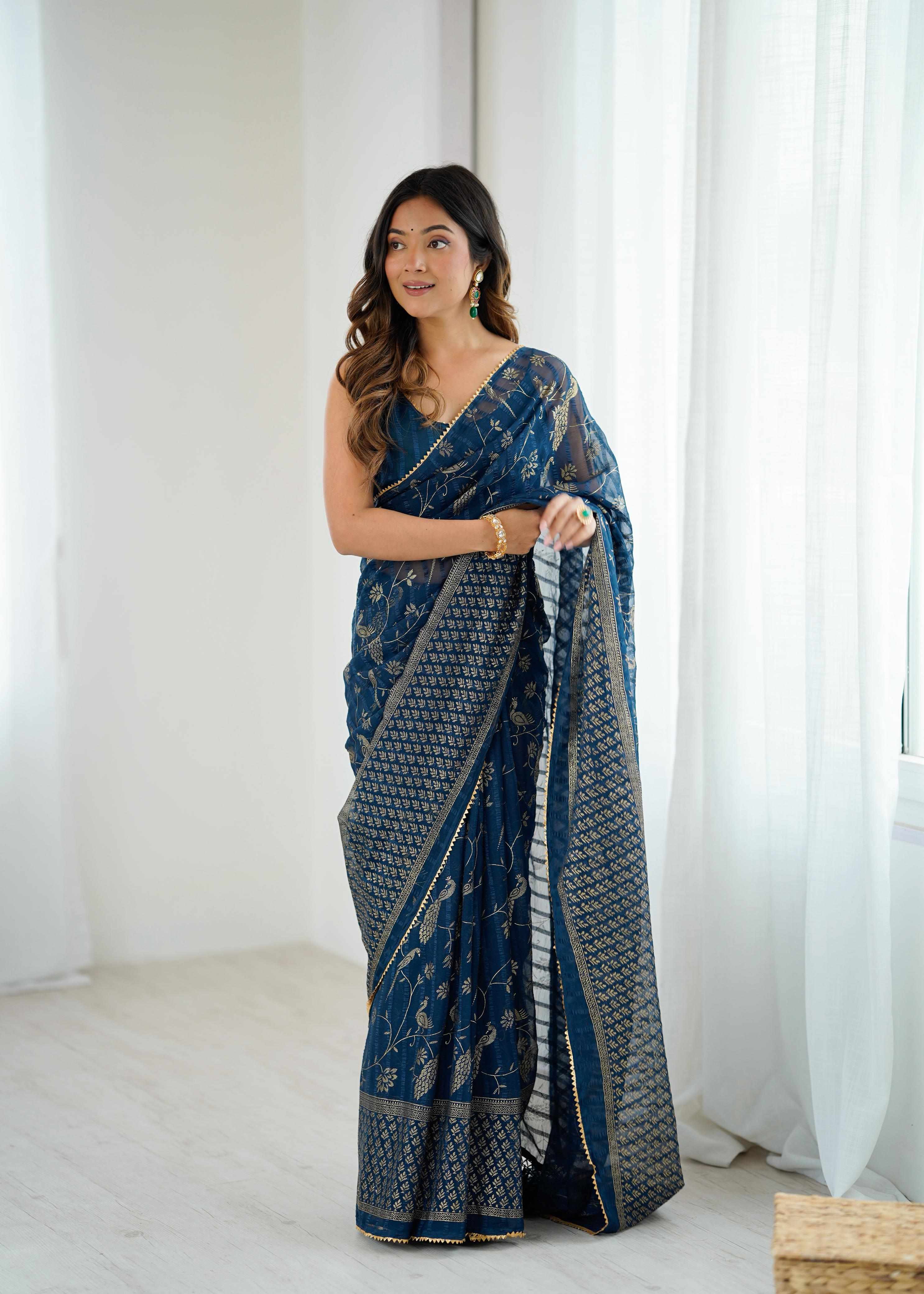 PLAIN SAREE WITH FOIL WORK AND SMALL LACE AND ZALAR LACE GEORGETTE SAREE