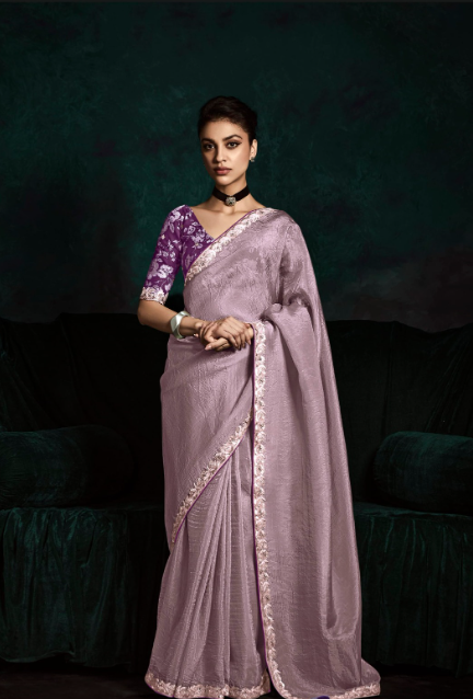 Tissue Organza With Embroidery Butti Or Border Work Saree