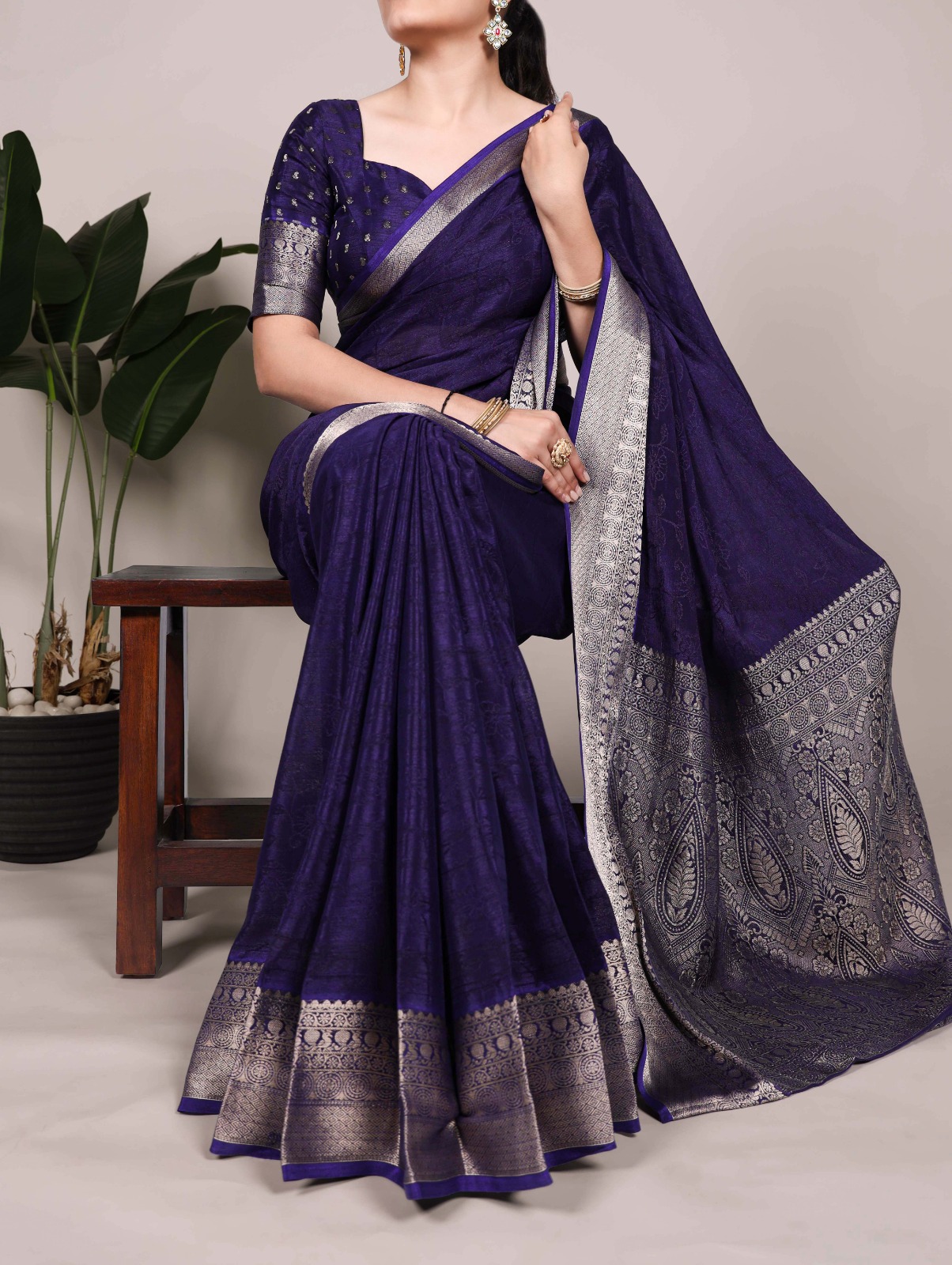 Chinon Saree Self Printed With Zari Weaving Work 