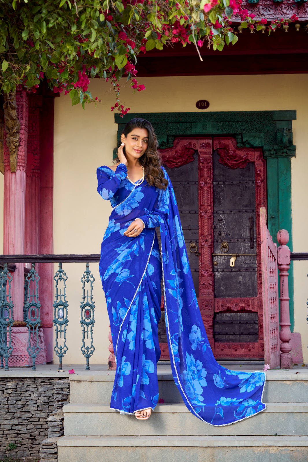 Chiffon Saree Foral Printed Pearl Lace Border
