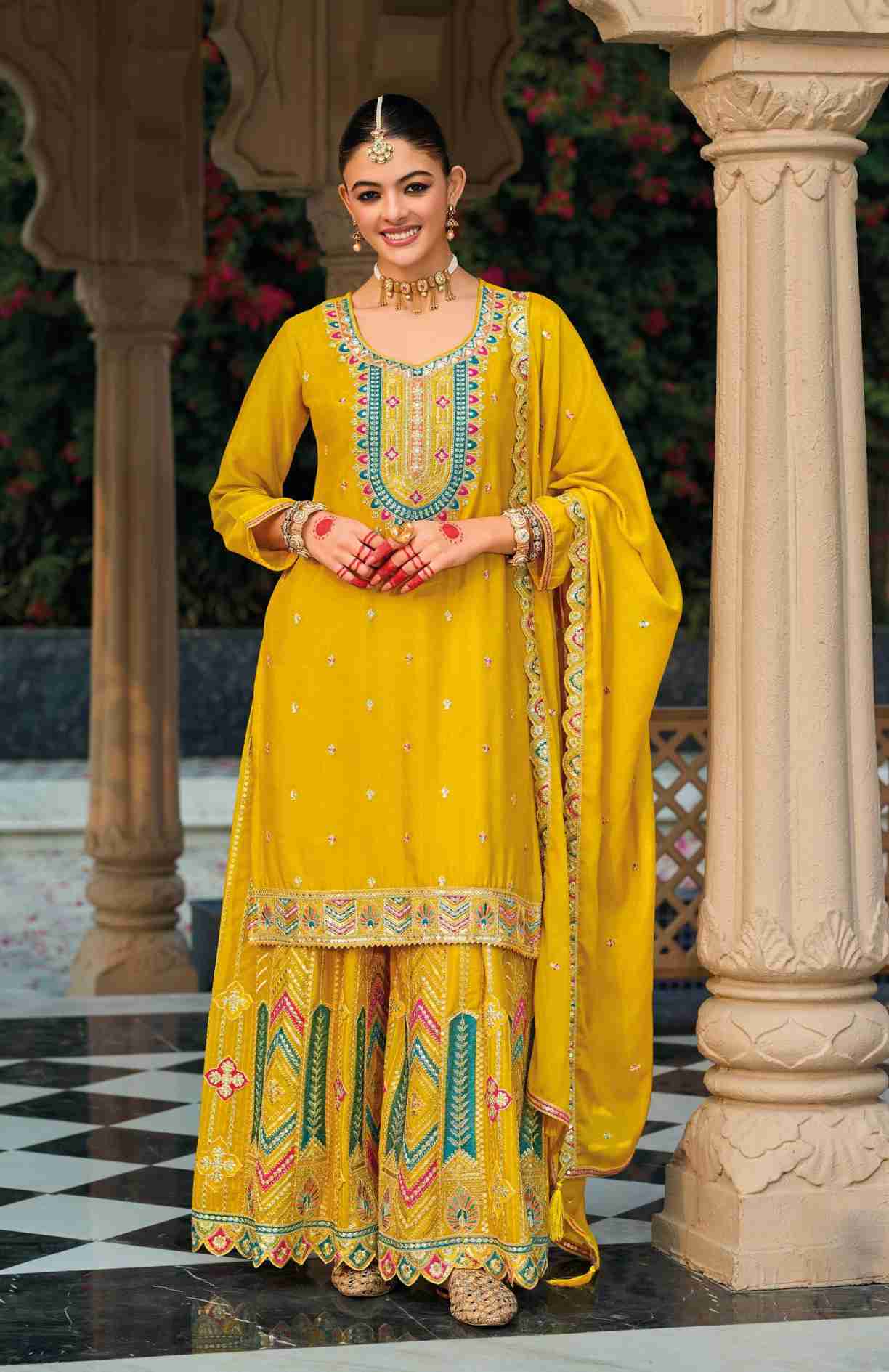 Heavy Chinon with Embroidery Multi & Mat Squence work Suits