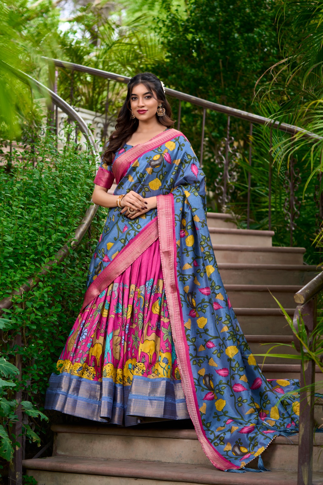 Dola Silk Kalamkari Print With Zari Weaving Border Lehenga Choli