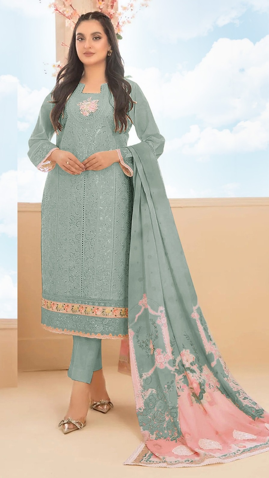 Pure Cambric Cotton with Embroidered Sequence & Multi Thread work Suit