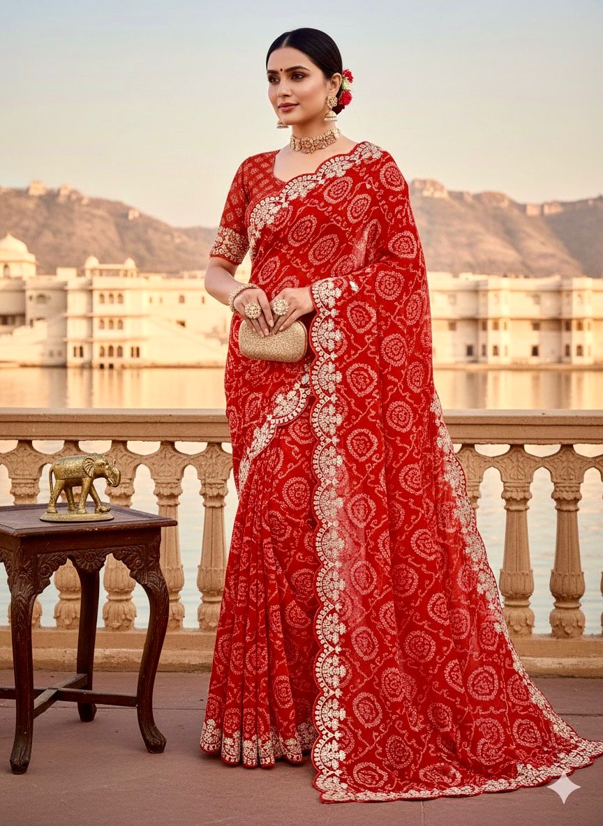Pure Georgette with Jodhpur Bandhani Print Saree with Beautiful Pita Work