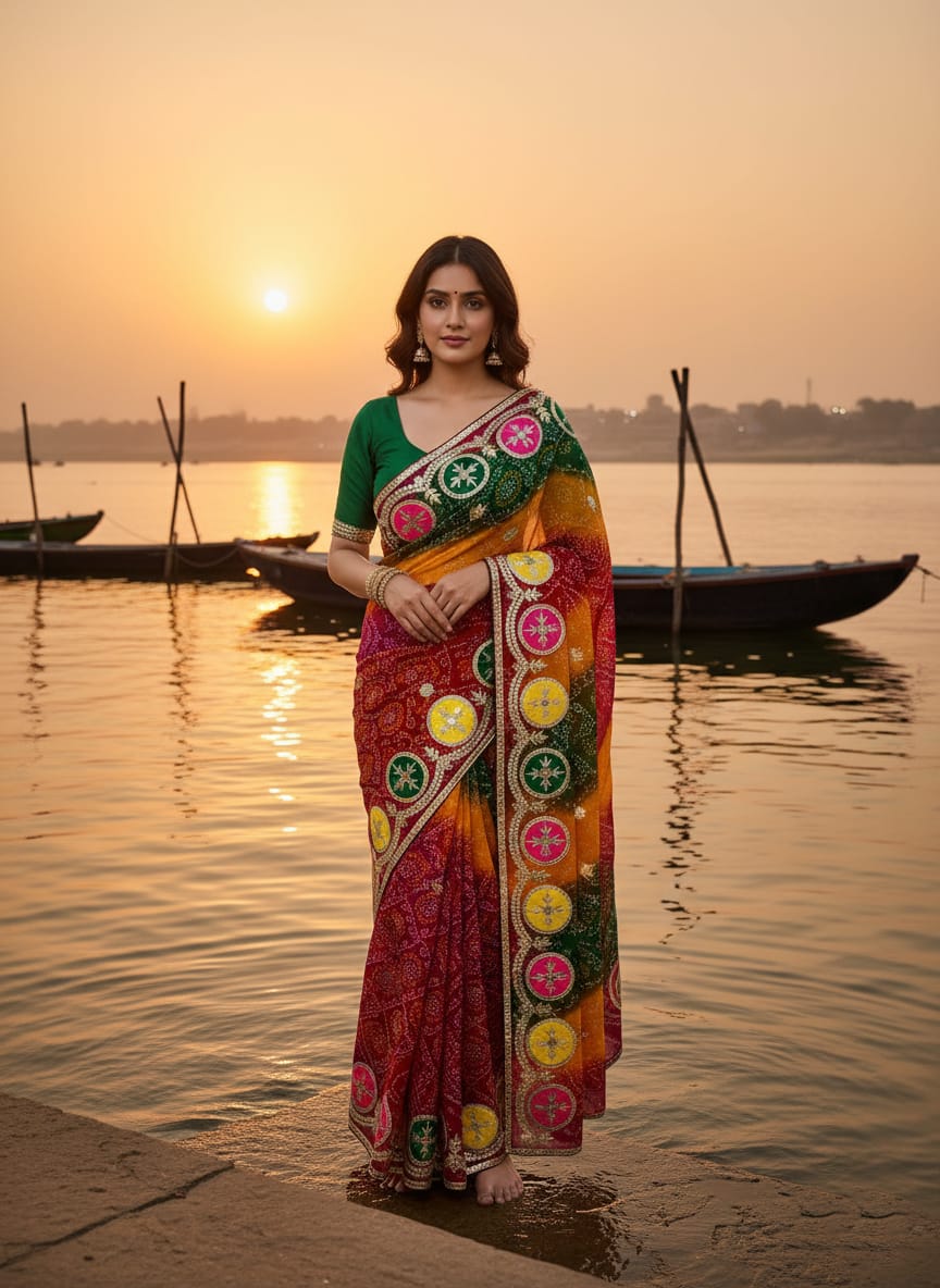 Pure Georgette with Jaipuri Bandhani Print Saree with Beautiful Gota 