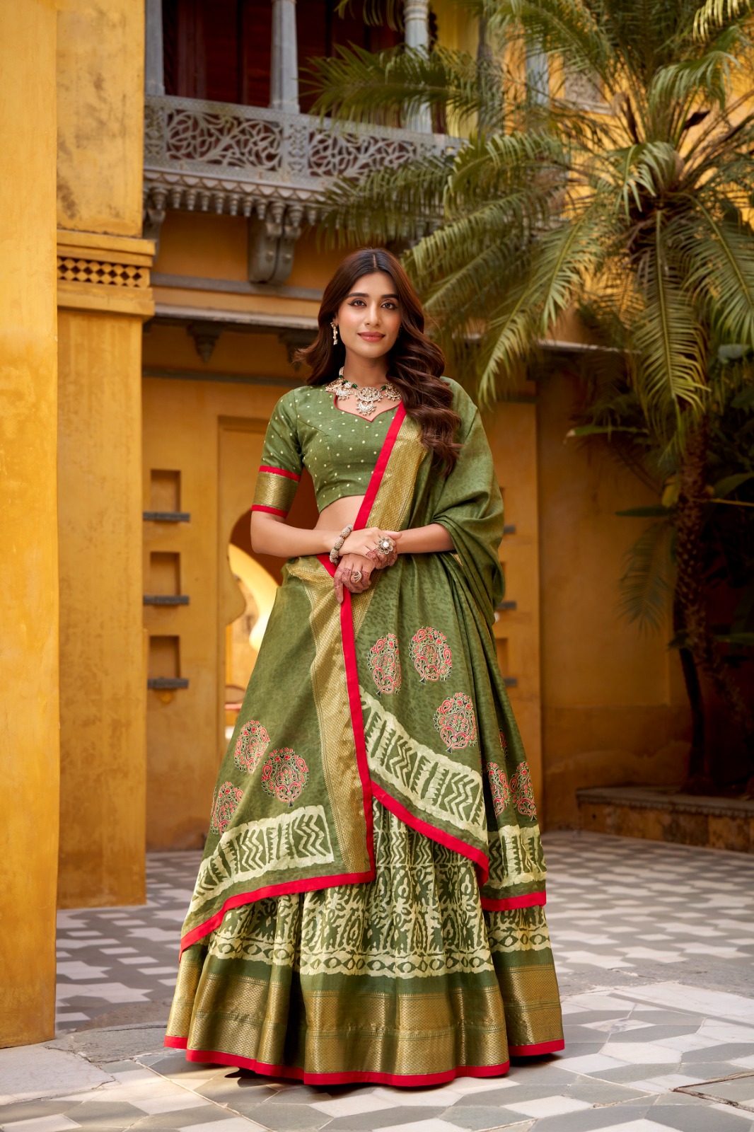Dola silk lehenga choli featuring traditional batik art
