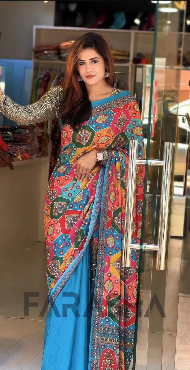 Heavy chinon saree with  digital print and  mirror work Saree