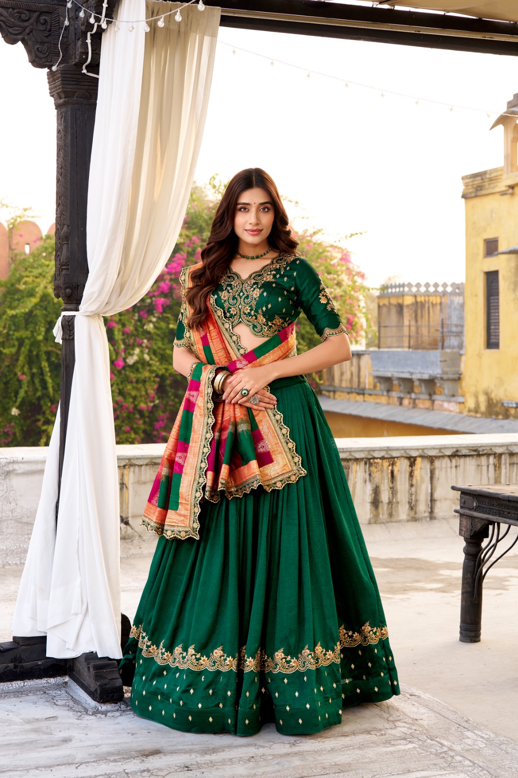 Vichitra Silk Sequins and Thread Embroidery Work Lehenga