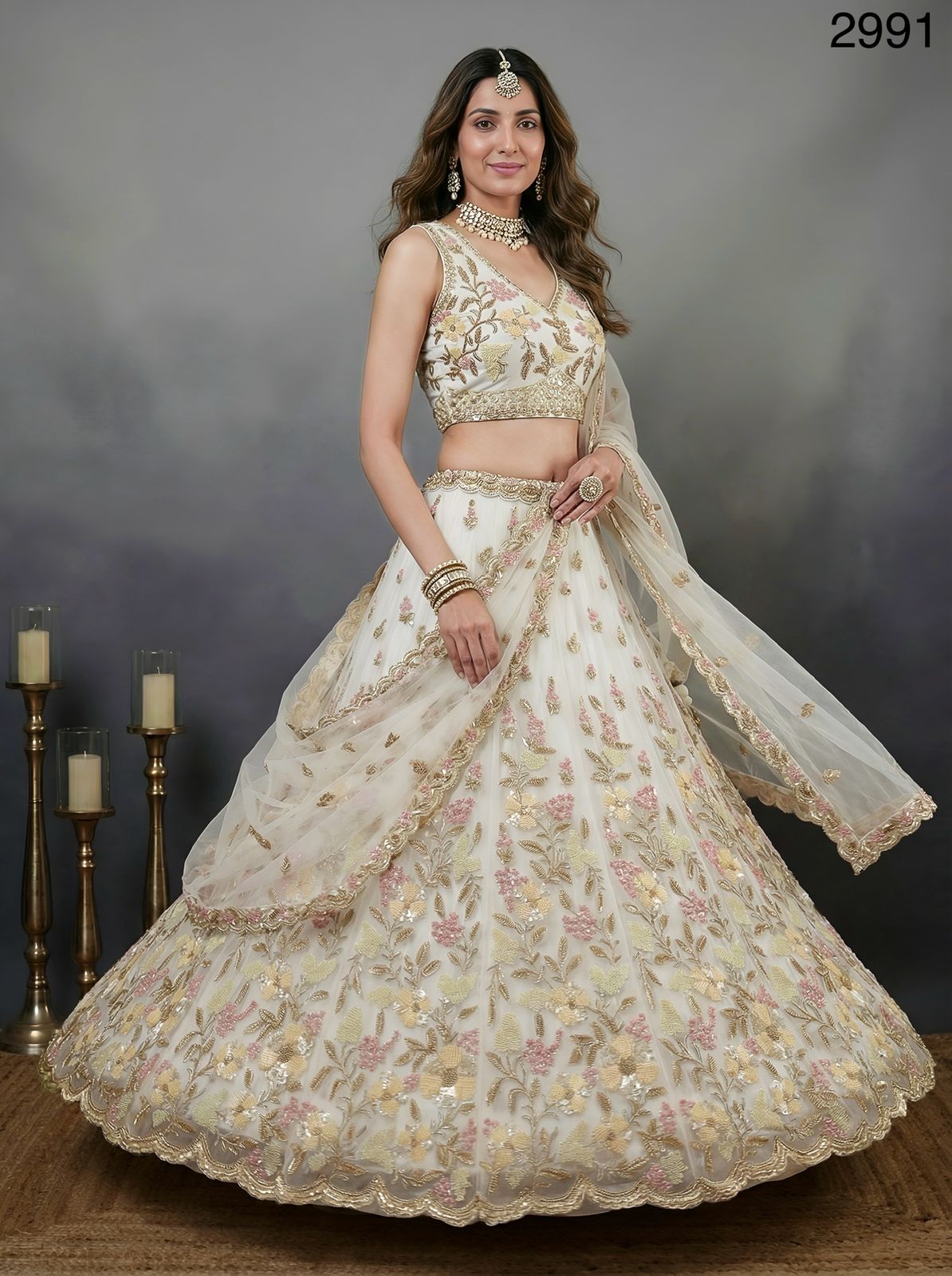 Gracefully Flower Pattern Work Designed Handwork White Lehenga Choli
