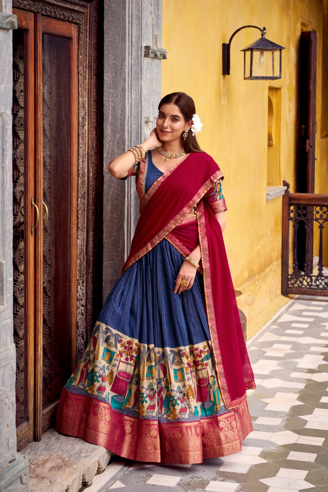 Poly Chanderi Kalamkari Printed With Zari Weaving Work Lehenga