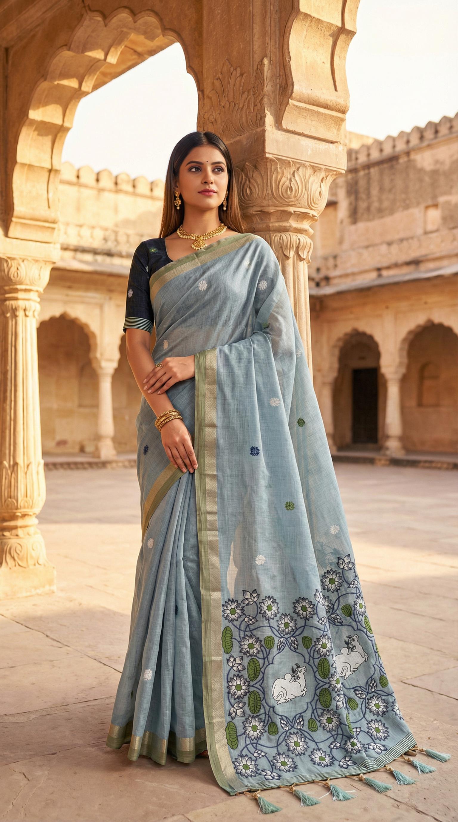 Soft Pure Muga Cotton saree with Meenakari  weaving