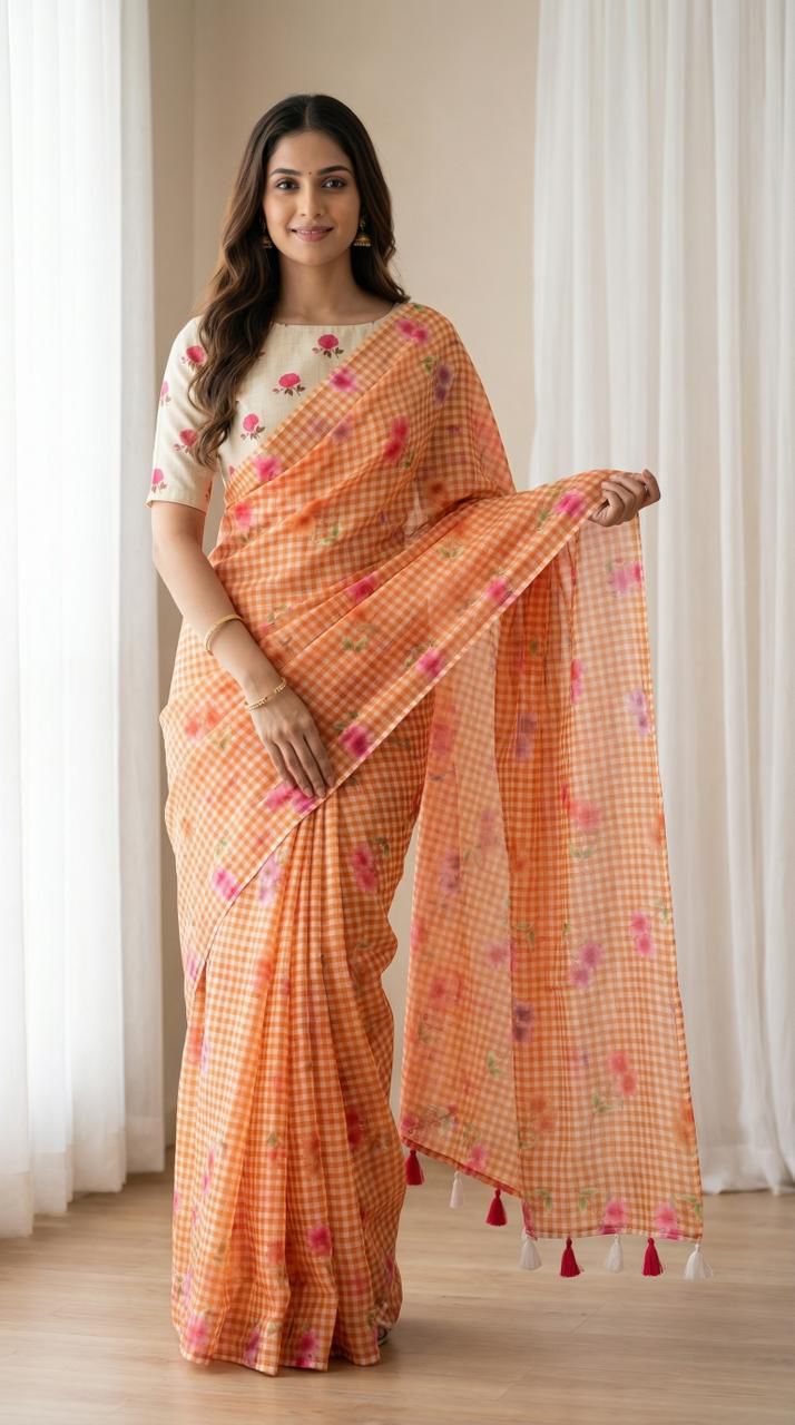 Cotton With Floral Print With Beautiful Pumpum In Saree