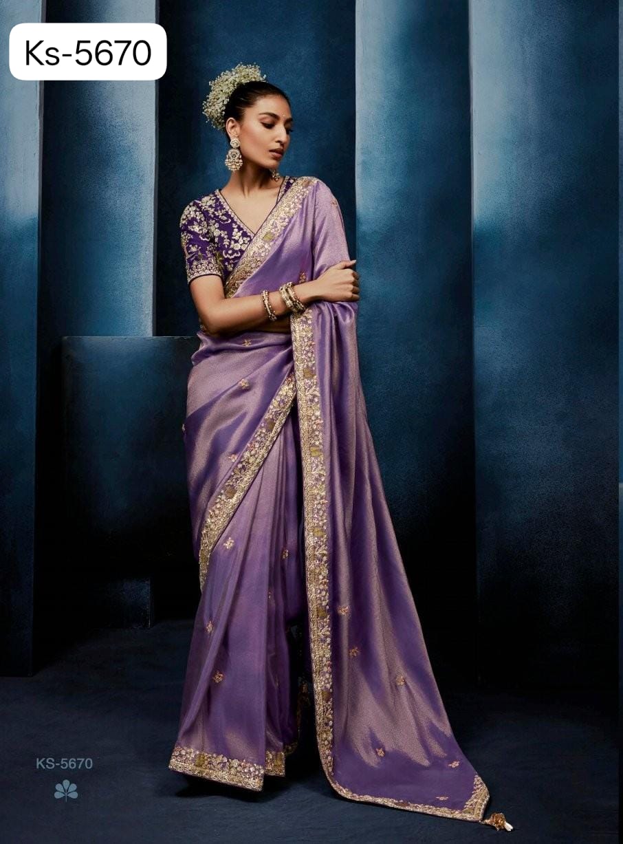 Pure Fancy Tissue based Fabric with Designer Cobtrast Hand work Saree