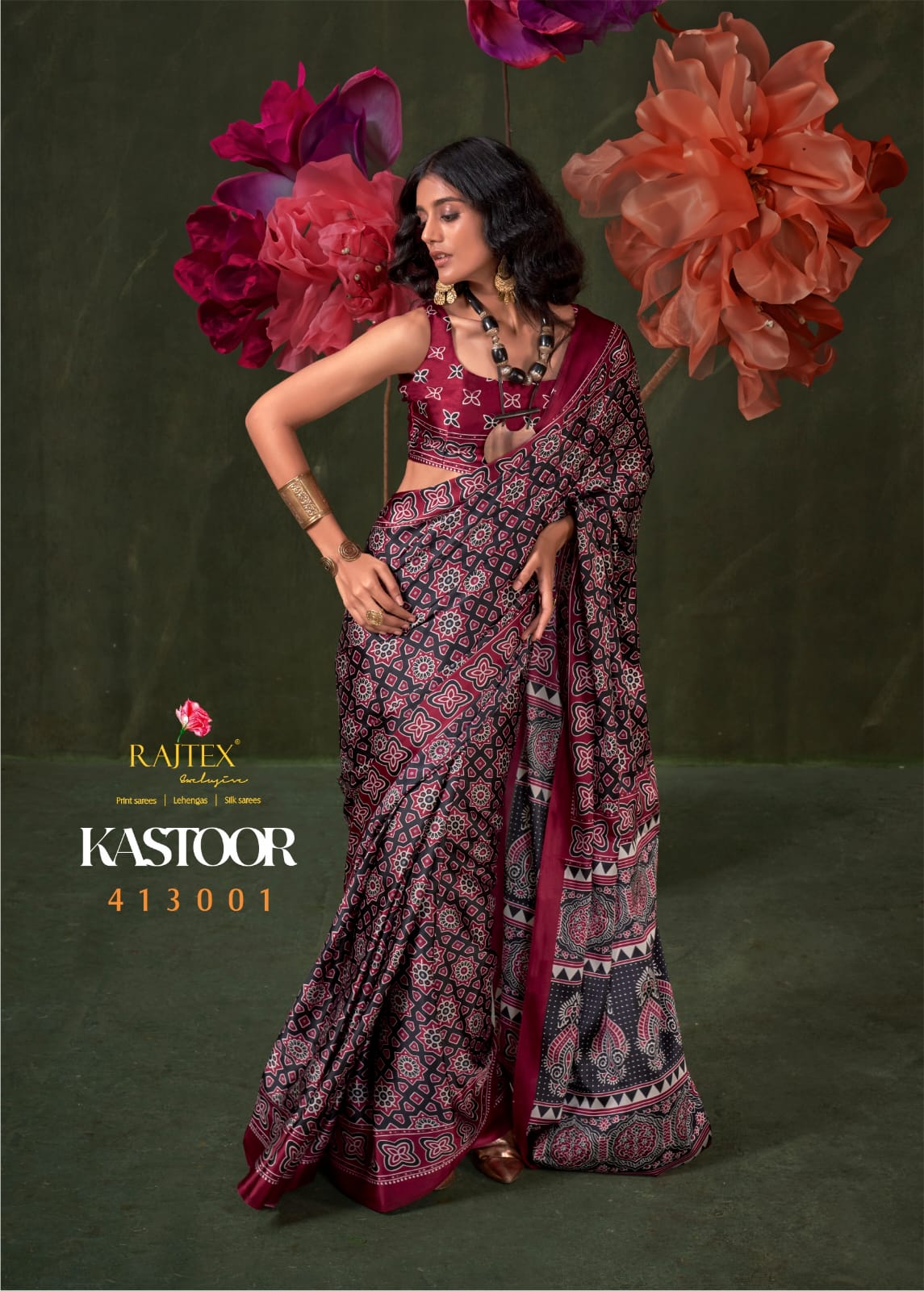 PRINTED AJRAKH SATIN CREPE SAREES