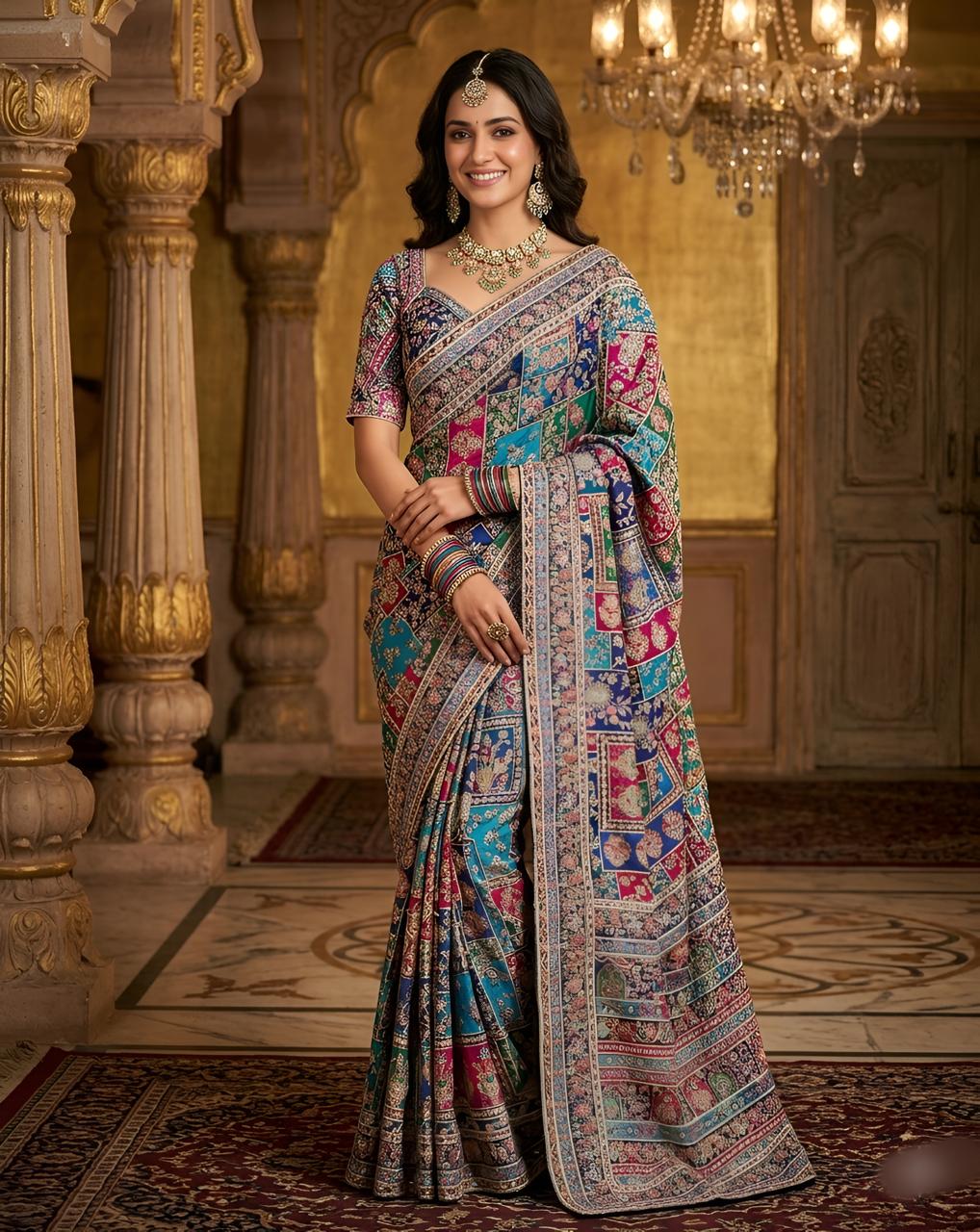Pashmeena with embroidery work all over the saree