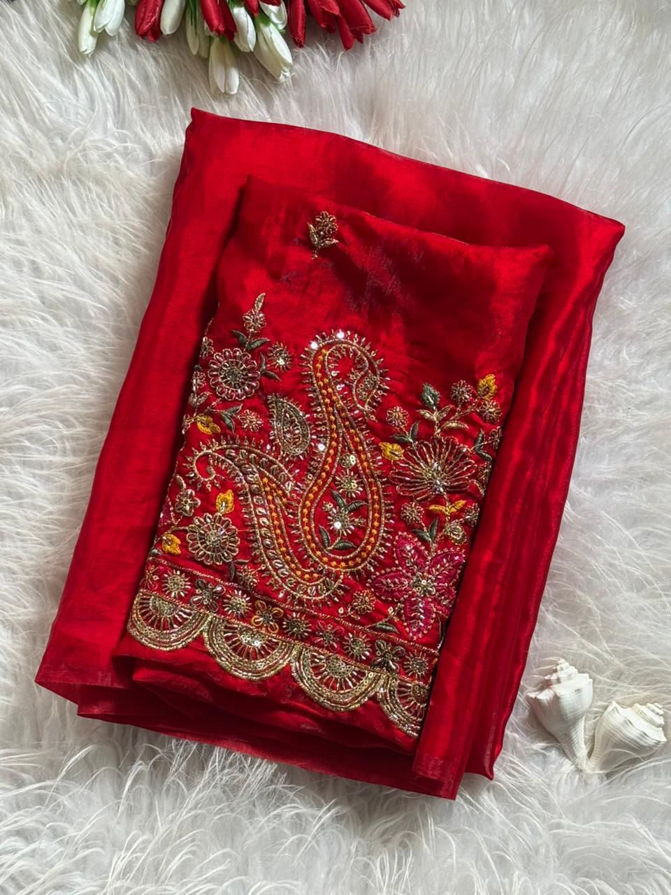 Soft Space Sartin Fabric In Saree With Blouse Fully embroidery