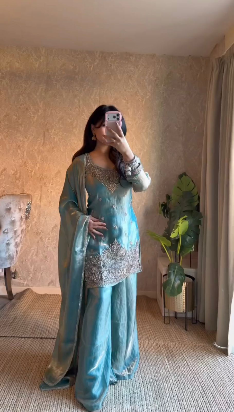 Fendy Silk Embroidery Sequence Work Suit