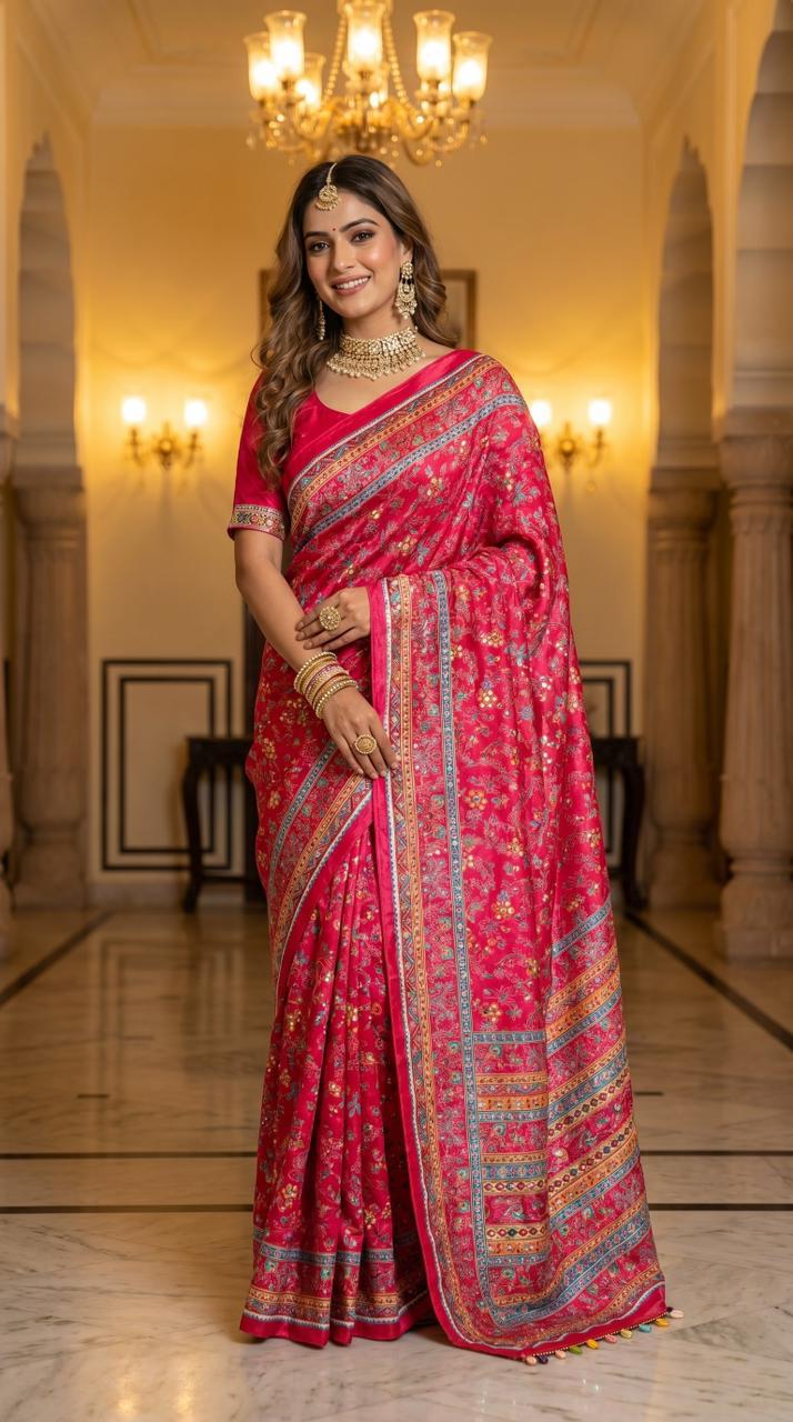 Chinnon Silk With ajarakh Print And All Saree Real Mirror work 